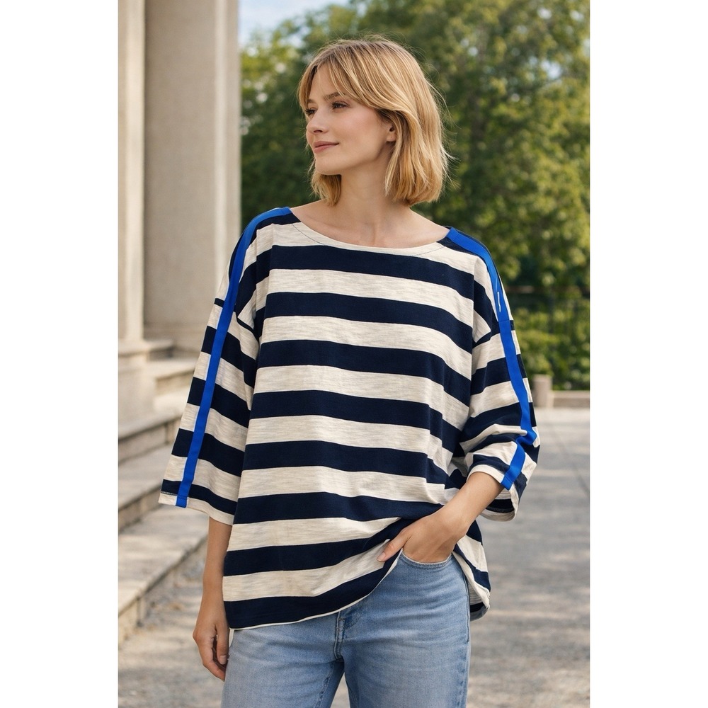 Talbots Women 3XL White Navy Blue Striped Boat Neck Top 3/4 Sleeves 100% Cotton